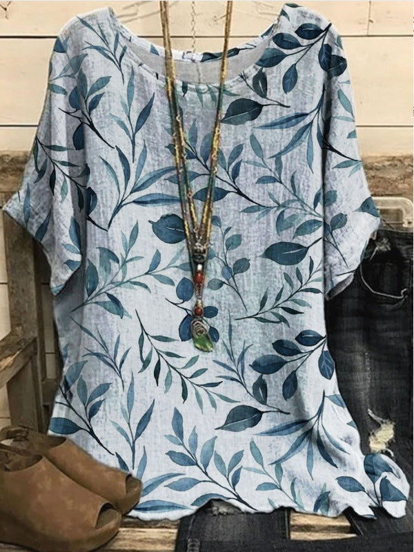 New Casual Loose Printed Crew Neck Top