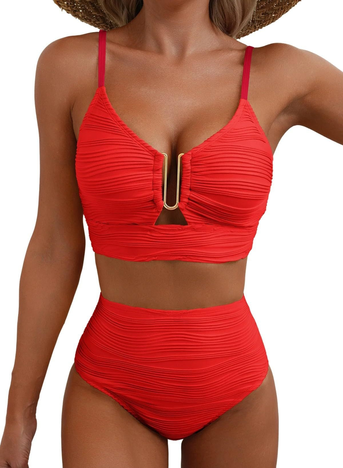New V-neck Hollow-out Bikini With High-waisted Textured Ruffle Detailing