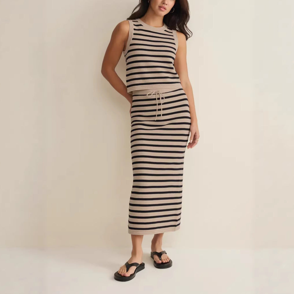 Striped Knitted Sleeveless Top And Slit Midi Skirt Set