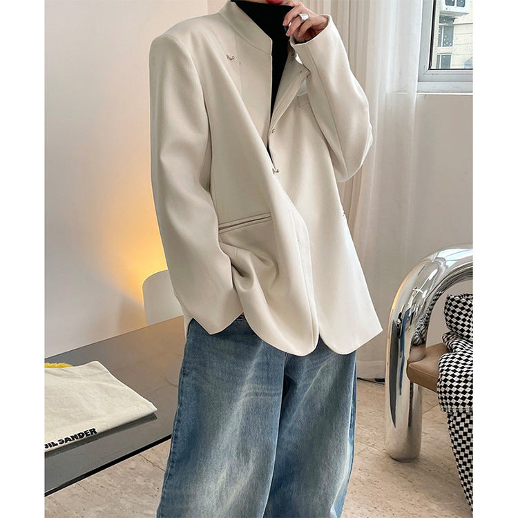 Retro Chinese Buckle Suit Oblique Placket Stand Collar Jacket