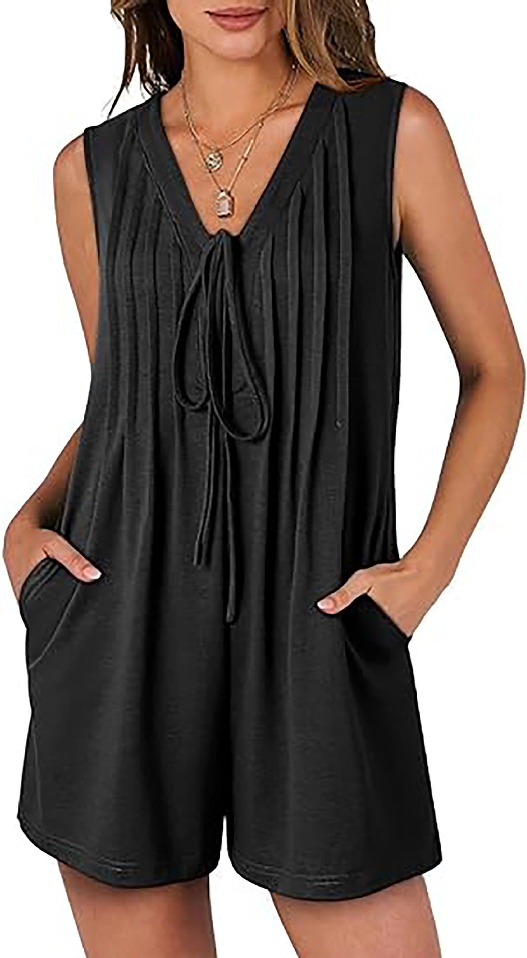 Summer Loose Sleeveless Pleated Front-tie V-neck Short Jumpsuit With Pockets