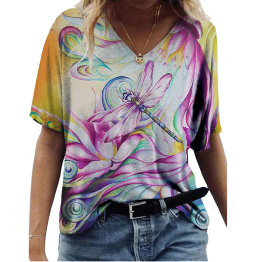 Butterfly Print Short Sleeve V-neck Ladies Loose
