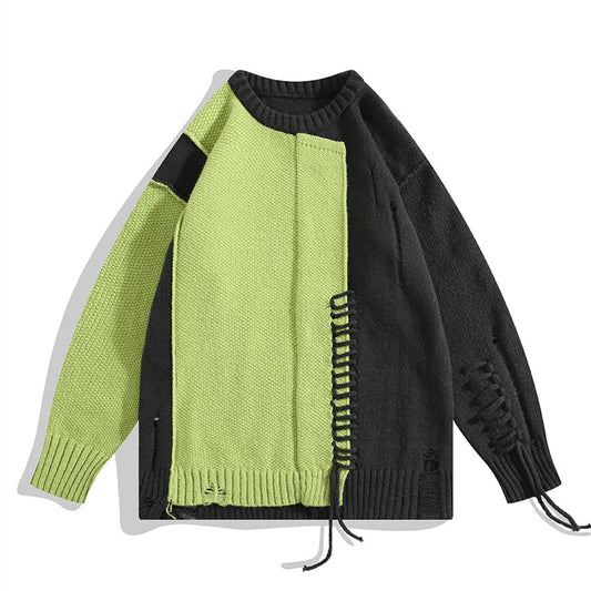 Niche Irregular Stitching Contrast Color Hand-woven Sweater