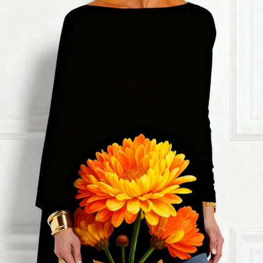 Orange-Yellow Chrysanthemum Print Asymmetrical Hem Top