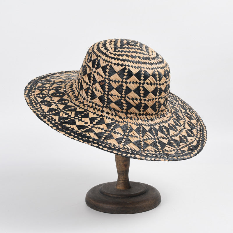 Large Brim Geometric Color-block Raffia Hat