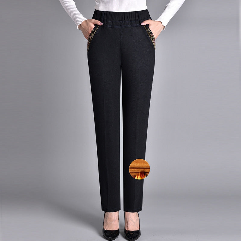 Thin Elastic High Waist Denim Straight-leg Trousers
