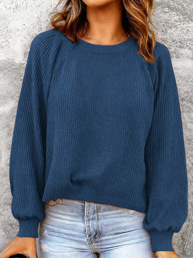 Fashionable Solid-Color Waffle-Knit Long-Sleeve Pullover Top