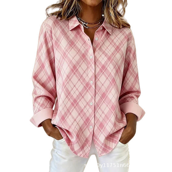 Womens Plaid Floral Print Long-Sleeve Blouse