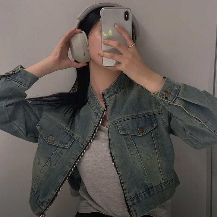Stand Collar Double Pocket Design Loose All-matching Short Long Sleeve Denim Coat