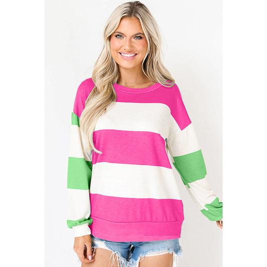 Stribet langærmet pullover med sænkede skuldre og farvekontrast-patchwork