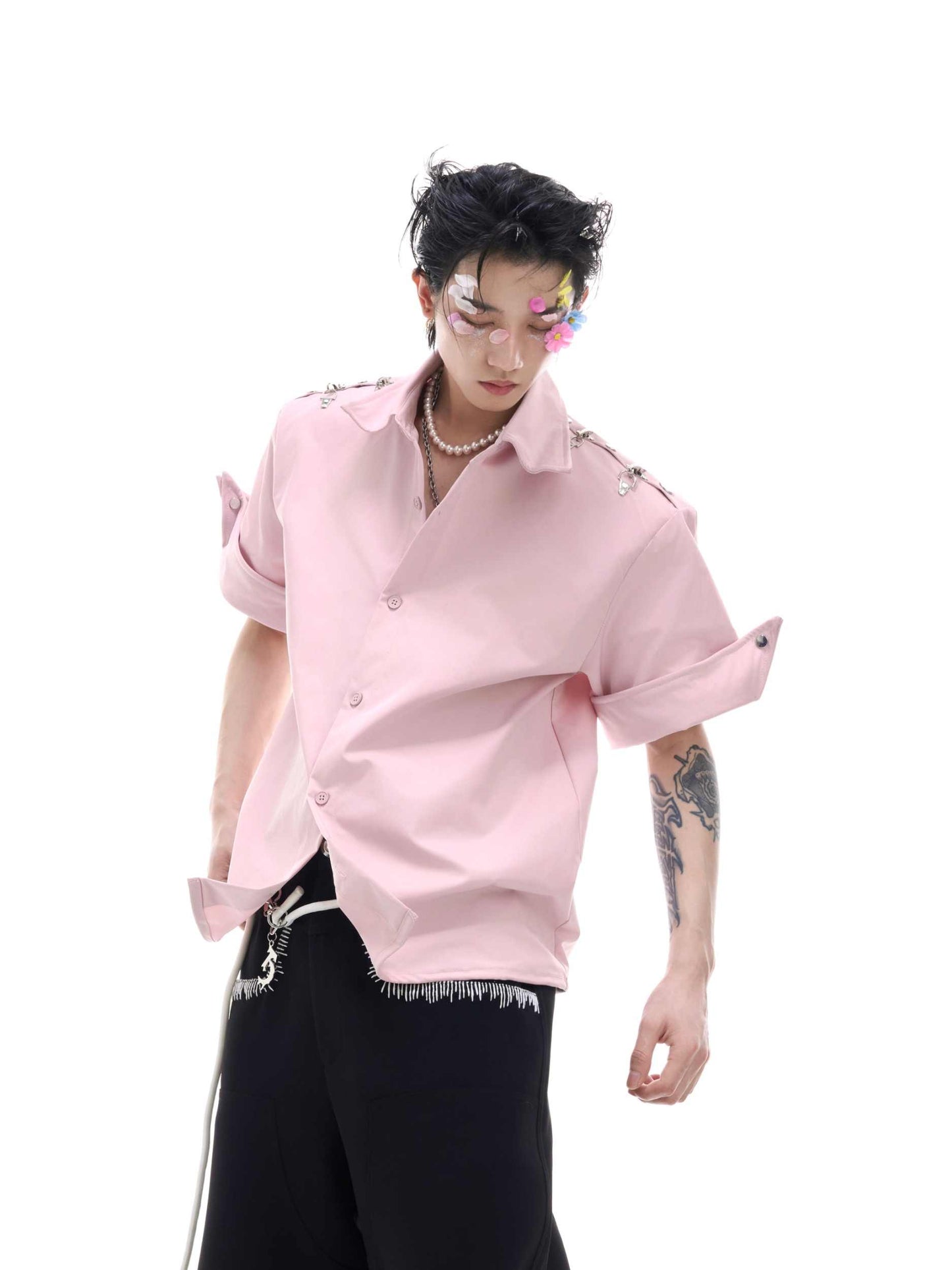 Niche Deconstruction Metal Buckle Design Short Sleeve Shirt Solid Color Simple Loose Cardigan