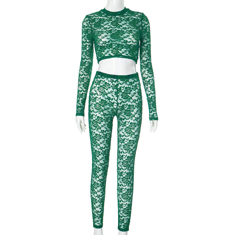 Sexy Lace Long Sleeve Casual Pants Two-piece Set