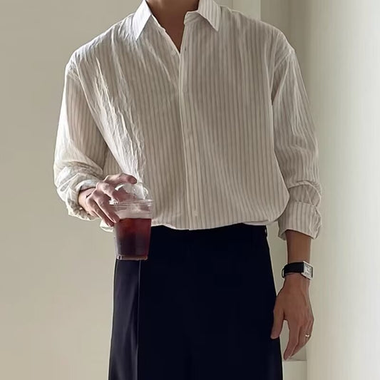 Men's Casual Loose-Fit Long-Sleeve Vertical-Striped Shirt