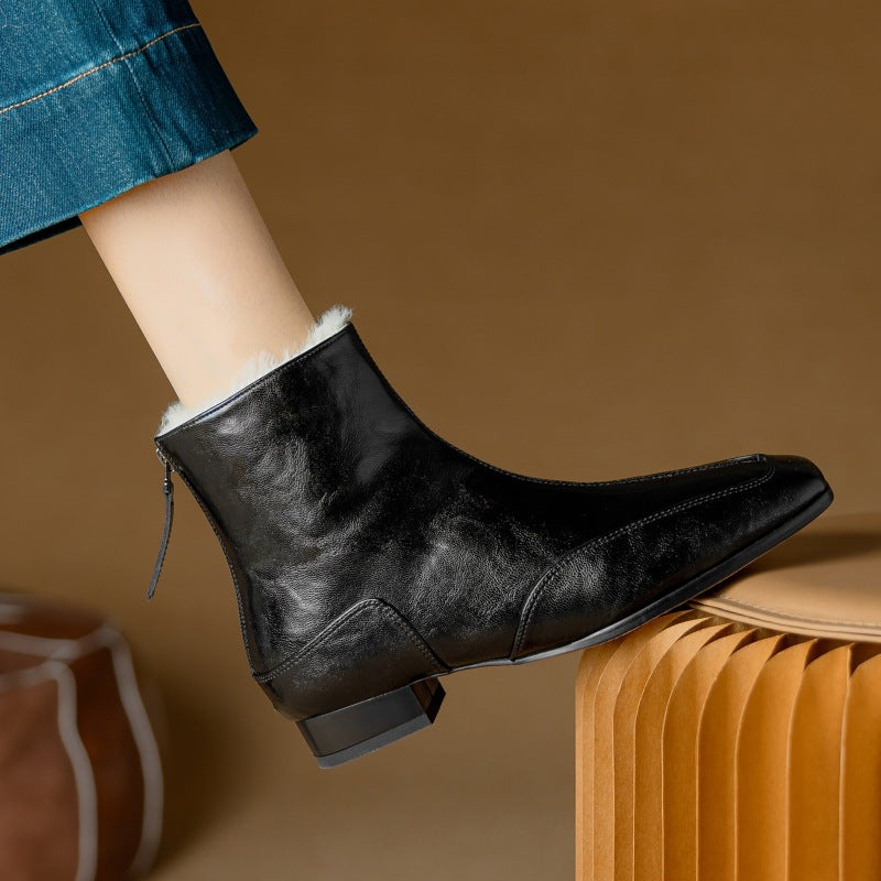 Women's Cowhide Square-toe Warm Fleece-lined Thick Wool Short Boots