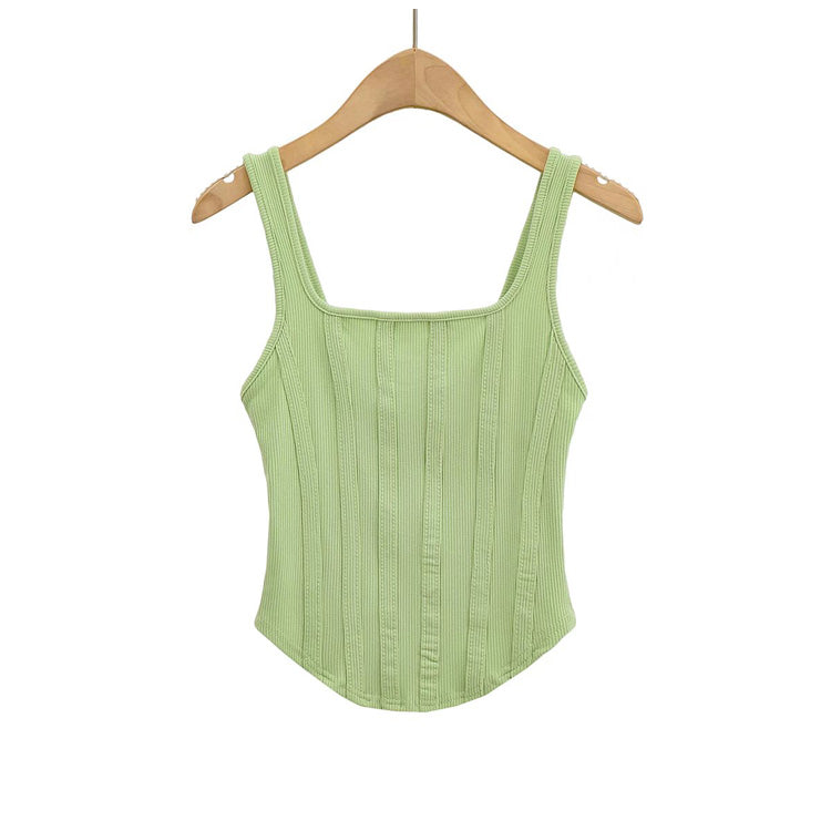 Slim Fit Striped Square Neck Solid Color Sleeveless Tank Top