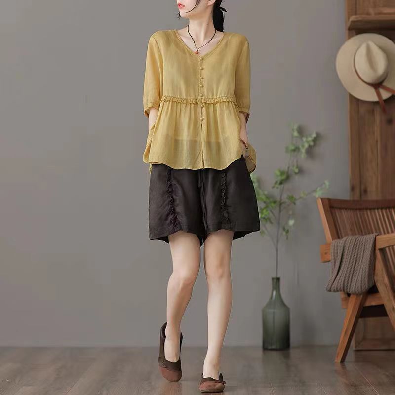 Loose V-neck Half Sleeve Cotton Linen Shirt