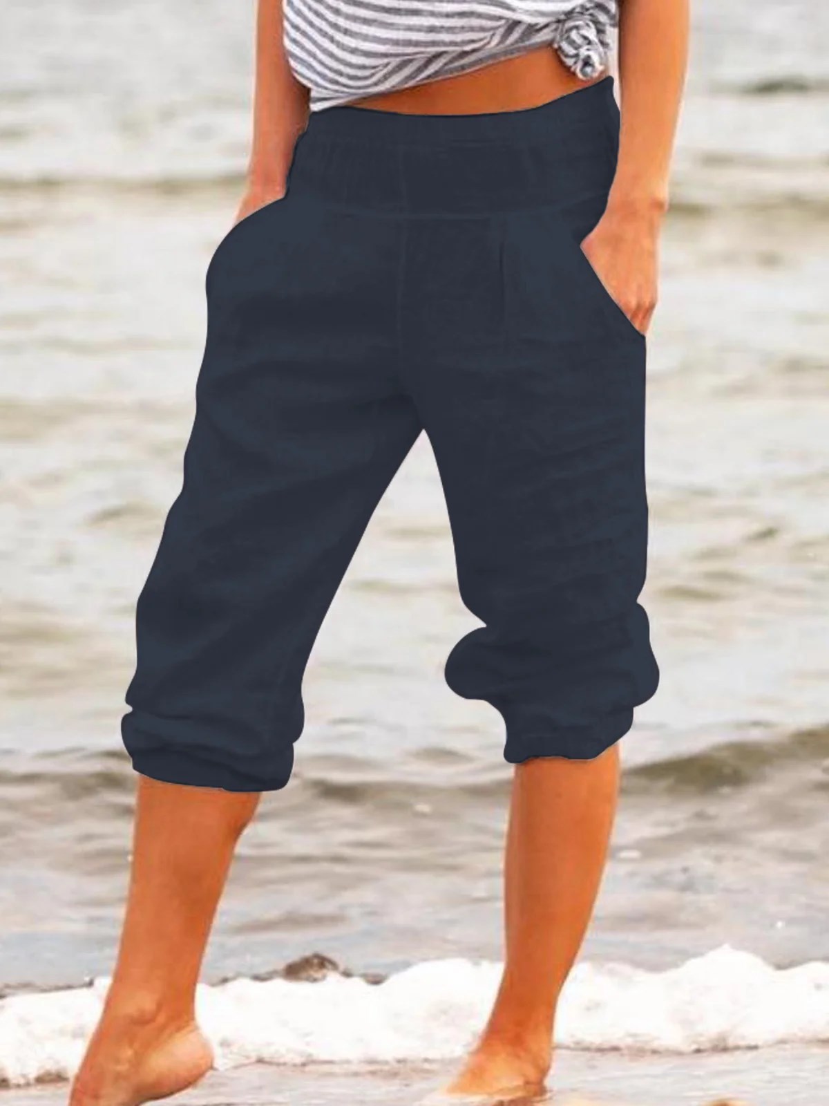 Casual Solid Color Cotton And Linen Cropped Trousers