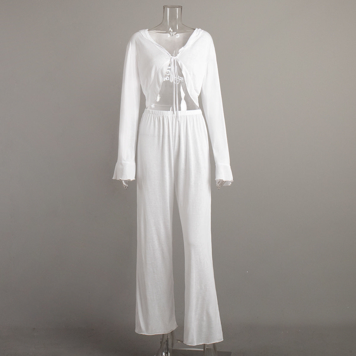 Womens Lace-Up Long-Sleeve Top And Pants Pajama Set