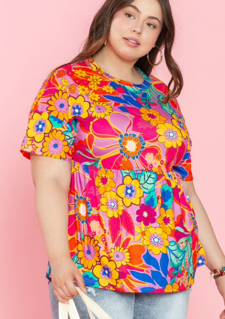 Floral Print Short Sleeve Plus Size Babydoll Blouse