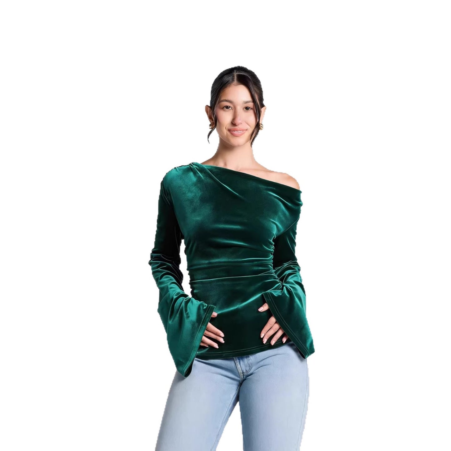 Slimming Pleated Fitted Top With Flared Sleeves