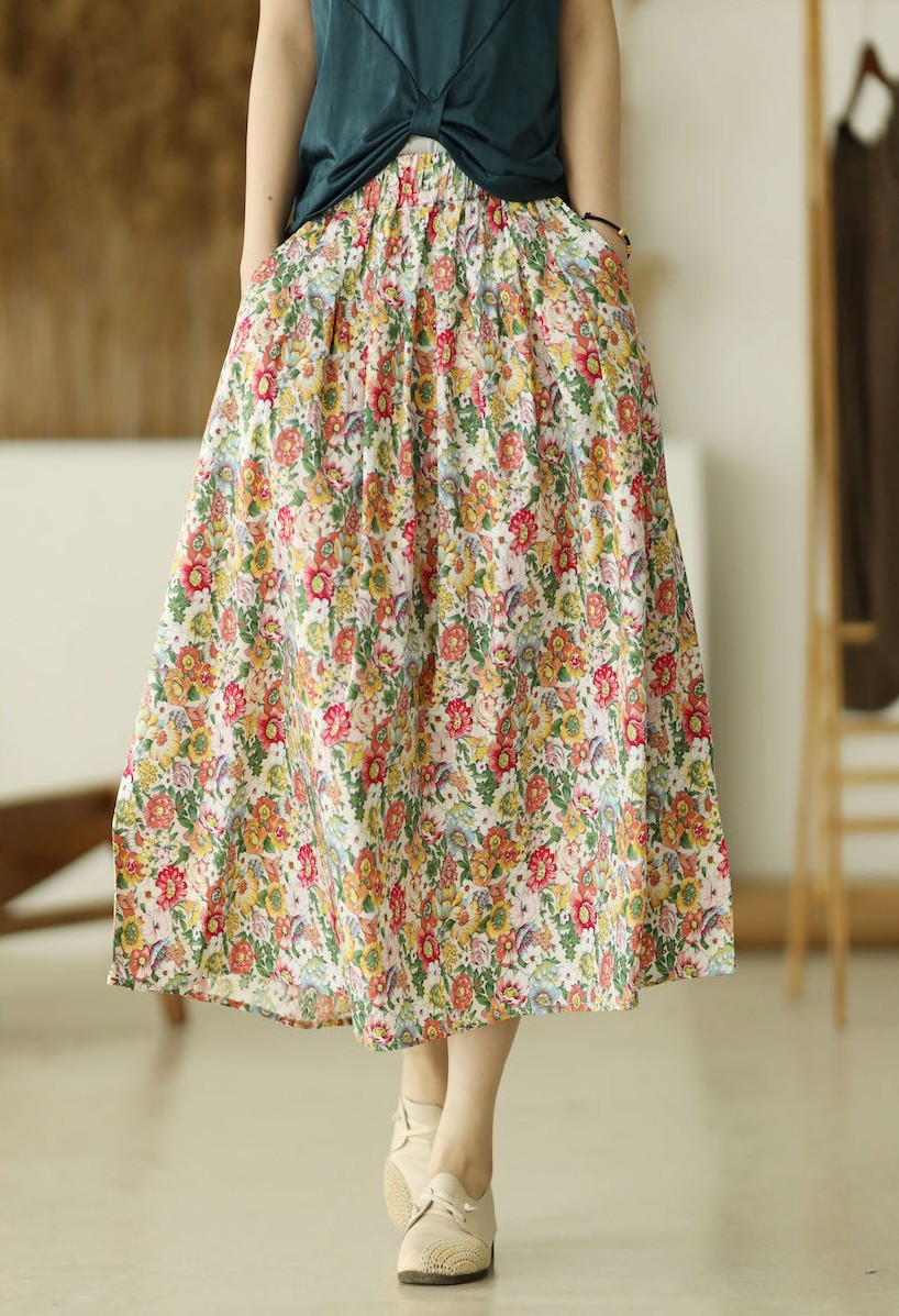 High Waist Retro Printed A- Line Loose Floral Skirt