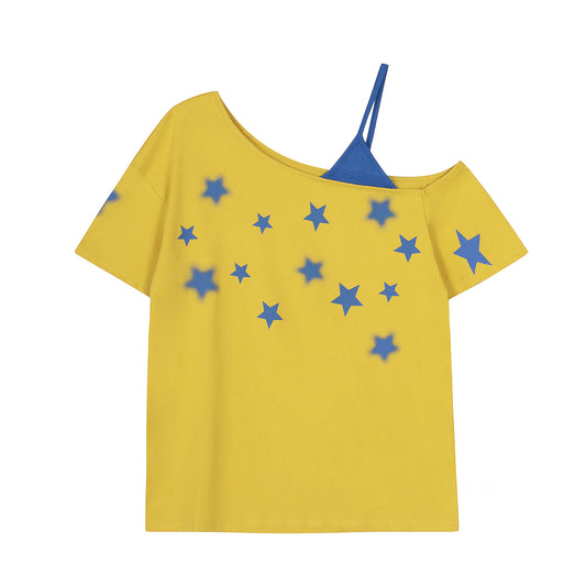 Five-pointed Star Printed Sloping-shoulder Off The-shoulder Short-sleeved T-shirt For Women