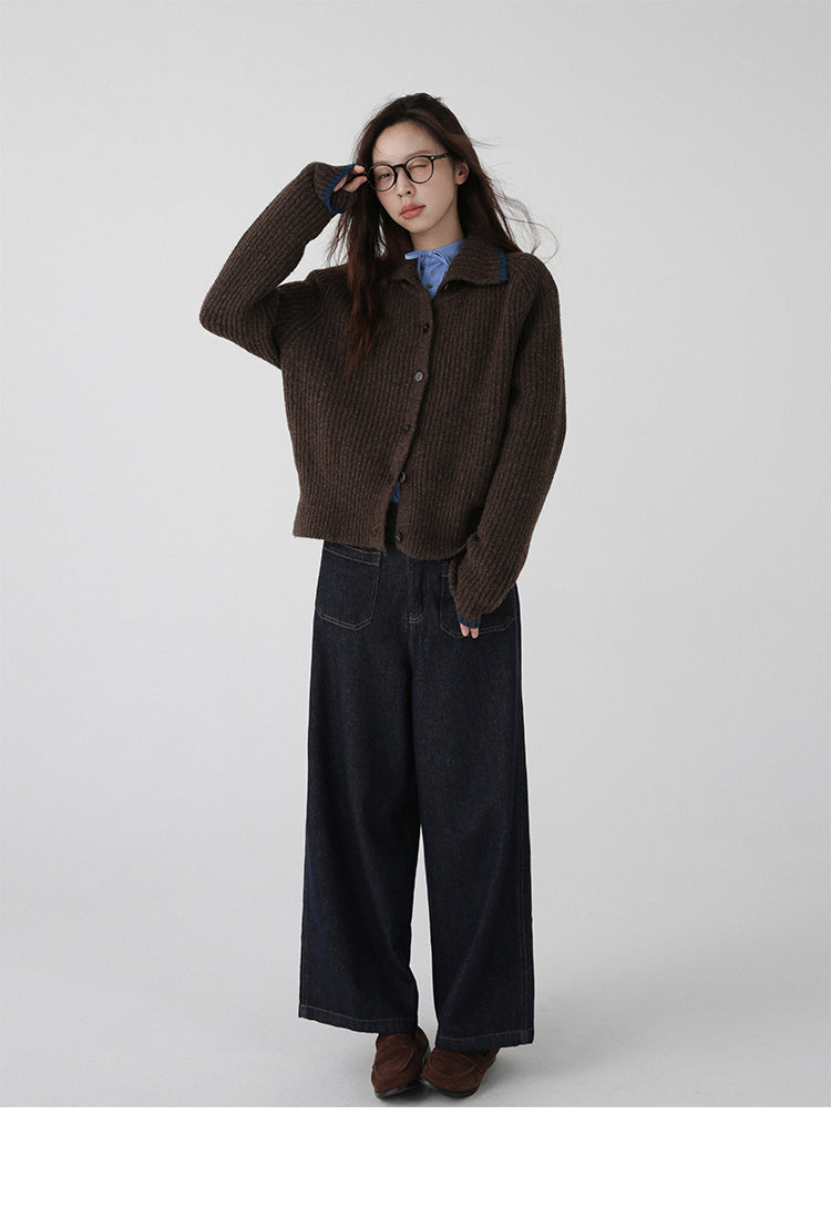 Color Blocking Collar Single Breasted Wool Knitted Cardigan Jacket