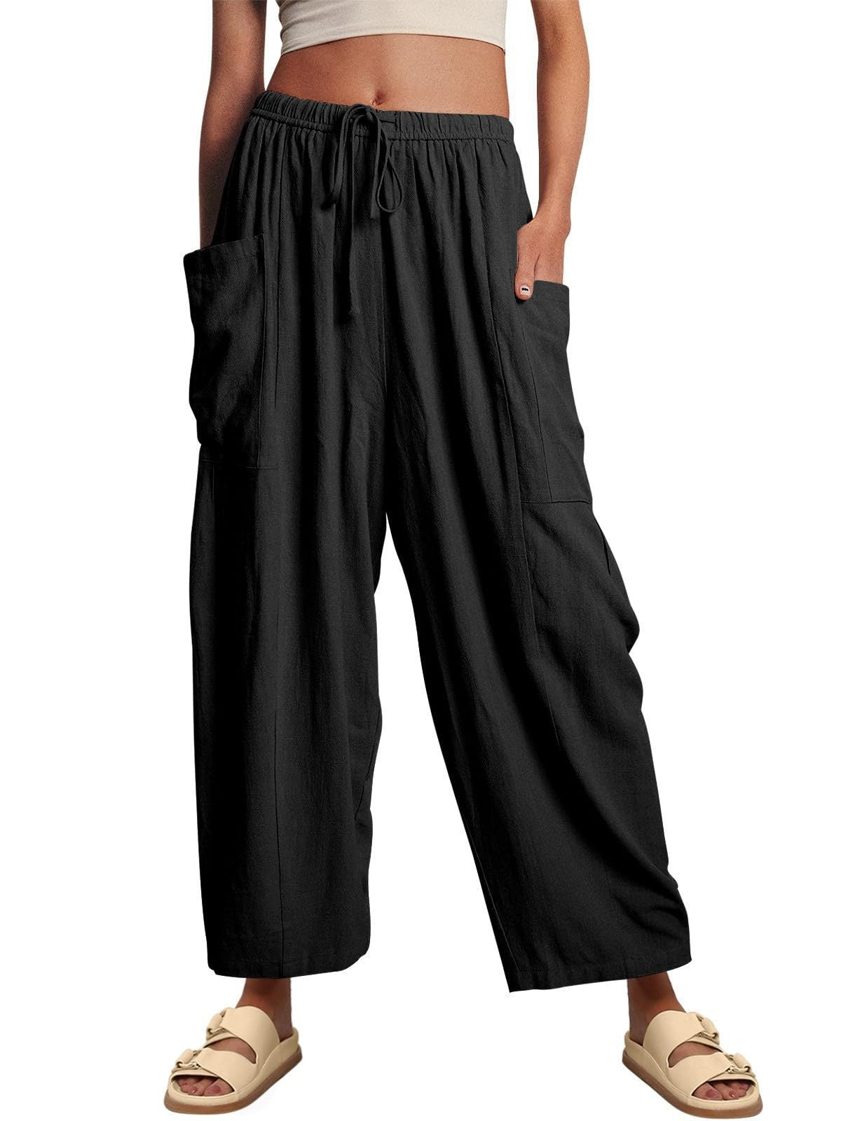 Elastic Pleated High Waist Cotton Linen Wide Leg Pants