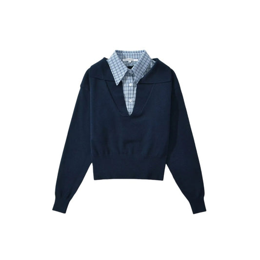 Women's American-style Retro Lapels Plaid Contrast Color Long-sleeved Sweater