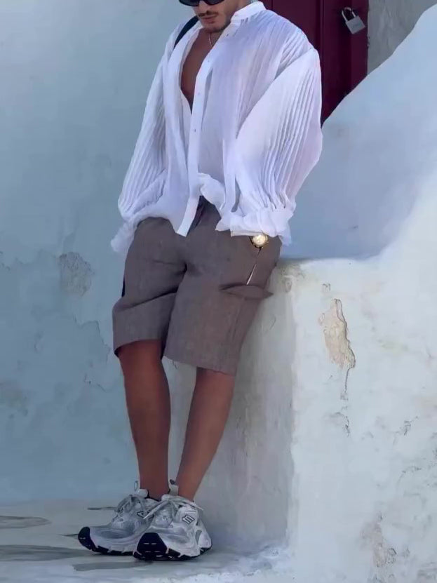 White Retro Stand-Collar Pleated Shirt