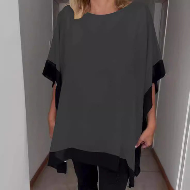 Front Chest Round Neck Loose Short Sleeves Batwing Sleeve Solid Color Stitching T-shirt