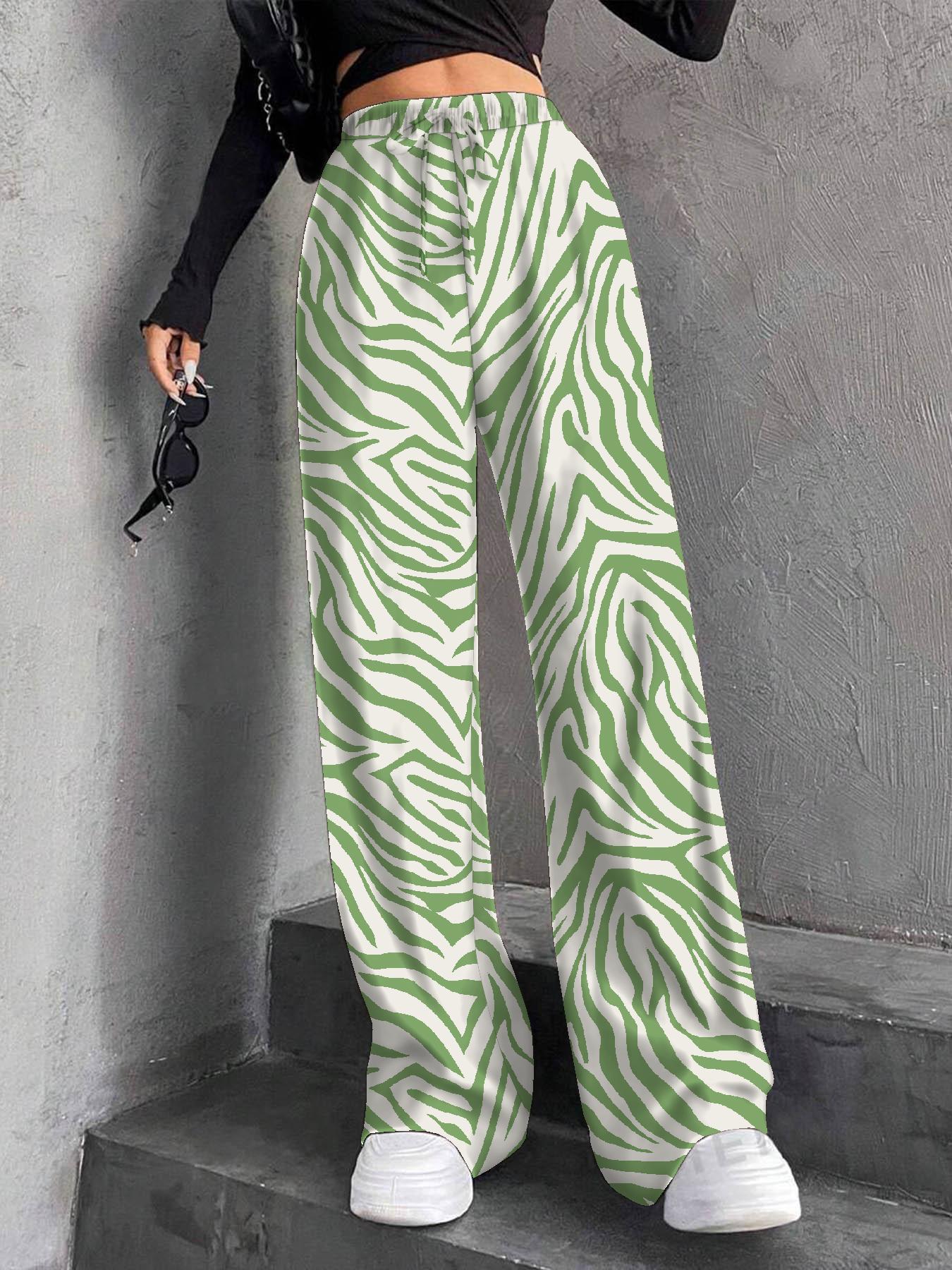 New Women's Elastic Waist Pinstripe Road Straight Wide Leg