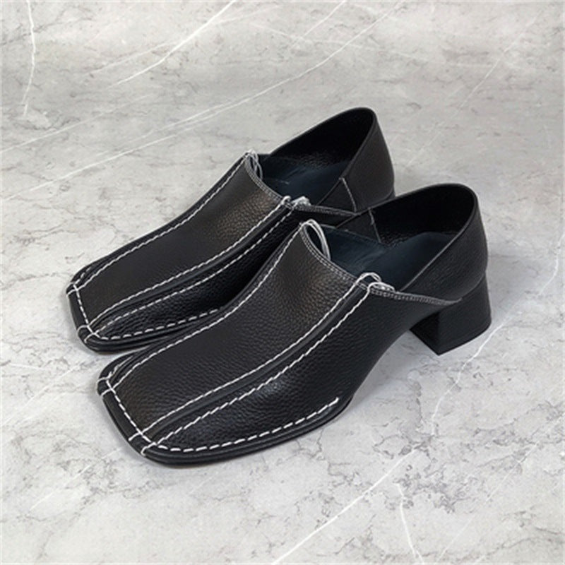 Small New Leather Single Shoes Women's Retro Square Head Thick Middle Heel