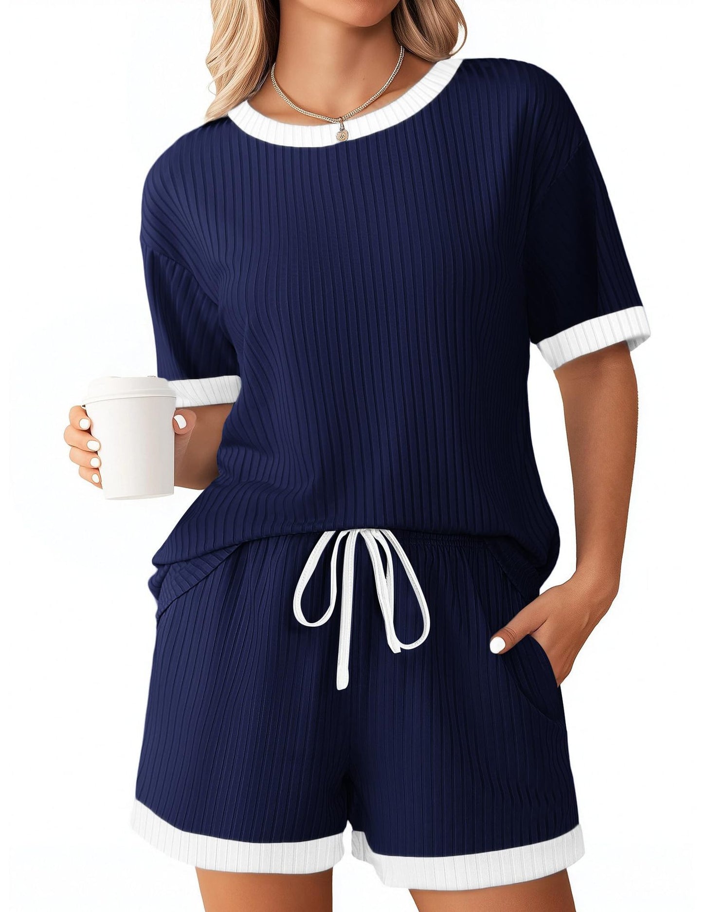 Solid-color Ribbed Patchwork Color-block Pajama Short-sleeve Loungewear Set