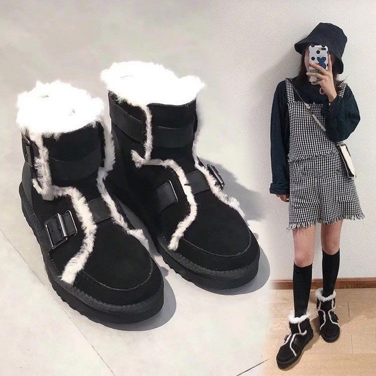 Female Fashion Belt Buckle Short Tube Velvet Martin Boots