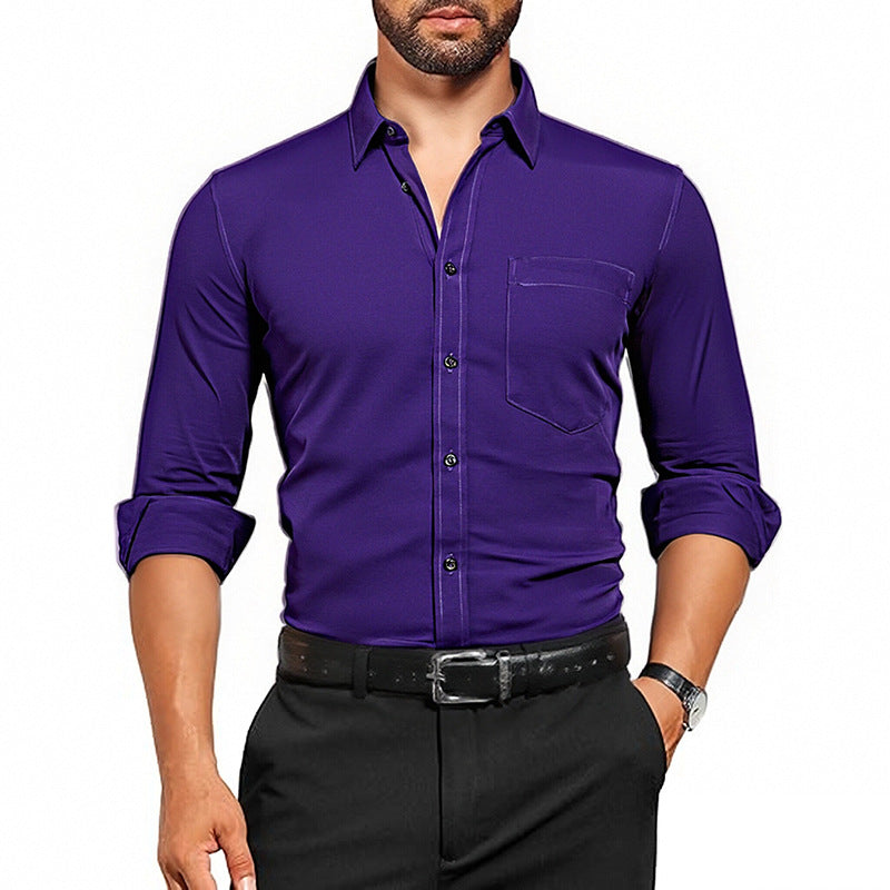 Men's Breathable Stretch Wrinkle-resistant Solid Color Long Sleeve Shirt