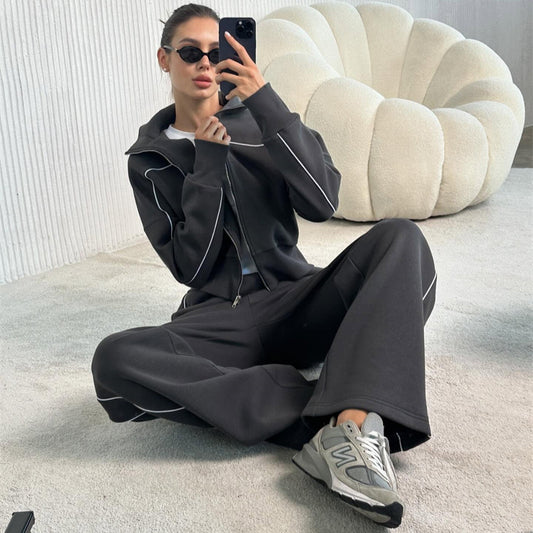 Casual Set Long Sleeve Zip-front Cardigan Loose Striped Sweatshirt Elastic Wide-leg Pants Two-piece Set