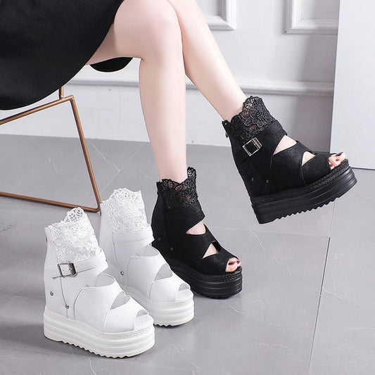 Suede Lace Fish Mouth Platform Wedge Romans