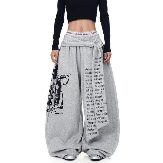 American Retro Alphabet Printed Lace Up Bandage Dress Machete Sweatpants