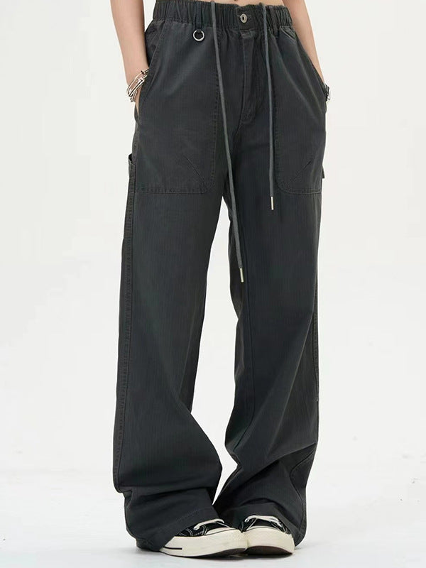 Drape Women's Large Pocket Design Straight Loose High Waist Casual Trousers