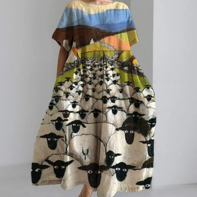 Womens Western-style Floral And Animal-print Round-neck Short-sleeve Dress