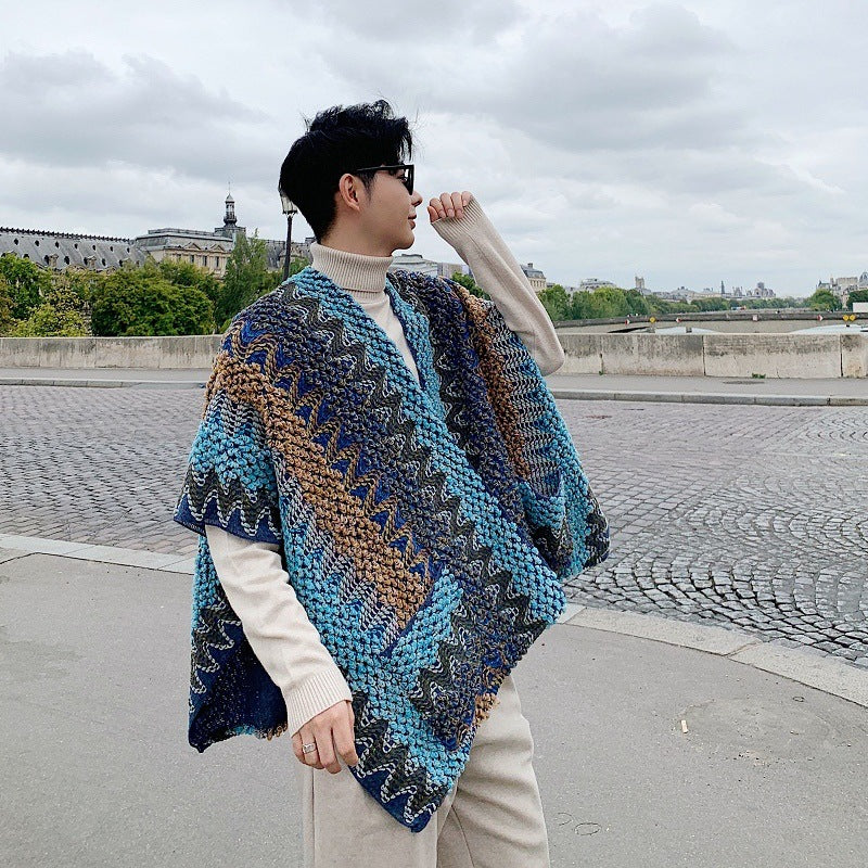 Fashionable Concave Shape Color Blocking Loose Shawl Sweater
