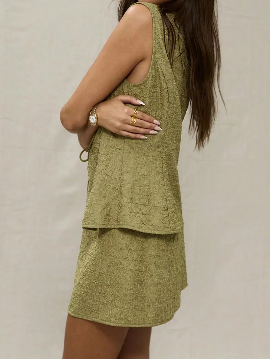 Green Sleeveless Tie-up Top And Skirt Set