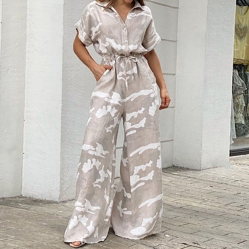 Mode Polo krave, printet, knaplukning, snøredetalje jumpsuit