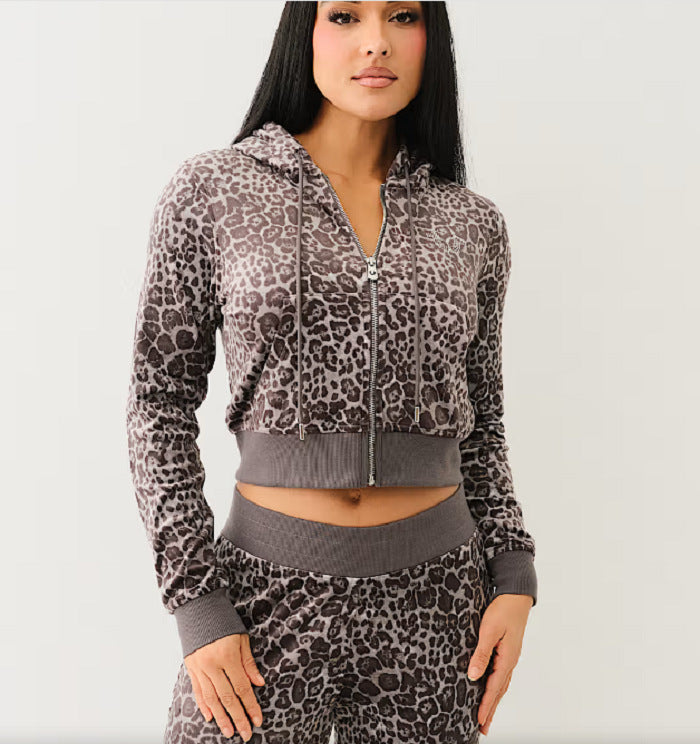 New Street Sexy Hot Girl Exposed Navel Leopard Print Hoodie