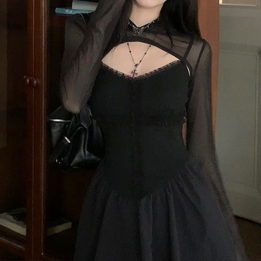 Black Cross Sling Waist Slimming Shirt Dress