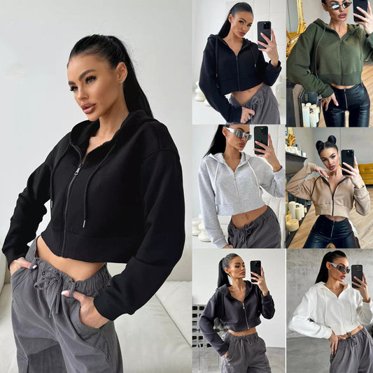 Mode Hættetrøjer Lynlås Hætte Snøre Kort Langærmet Sweater