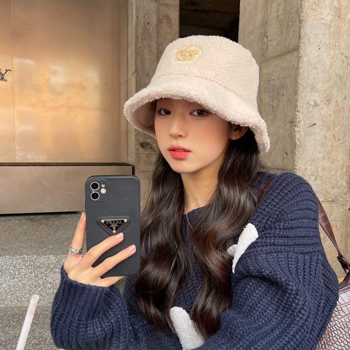 Korean Lamb Wool Cute Embroidered Bear Bucket Hat