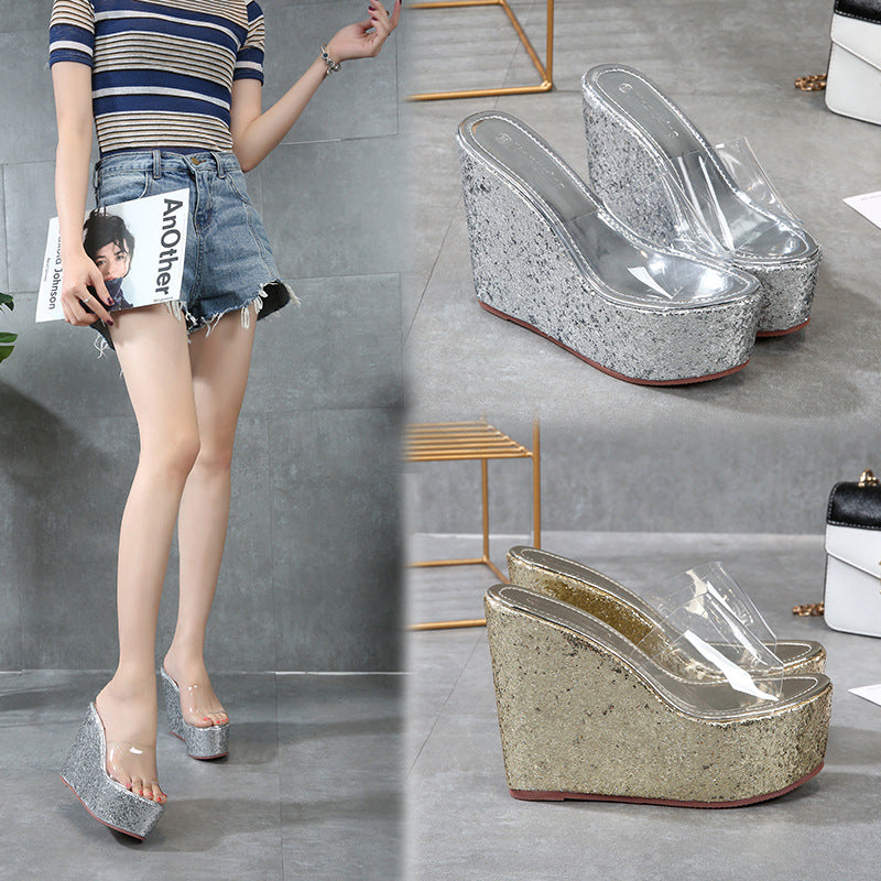 New Simple Casual Sequin High Heel Wedge Platform Platform Muffin Sandals