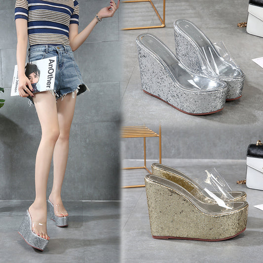New Simple Casual Sequin High Heel Wedge Platform Platform Muffin Sandals